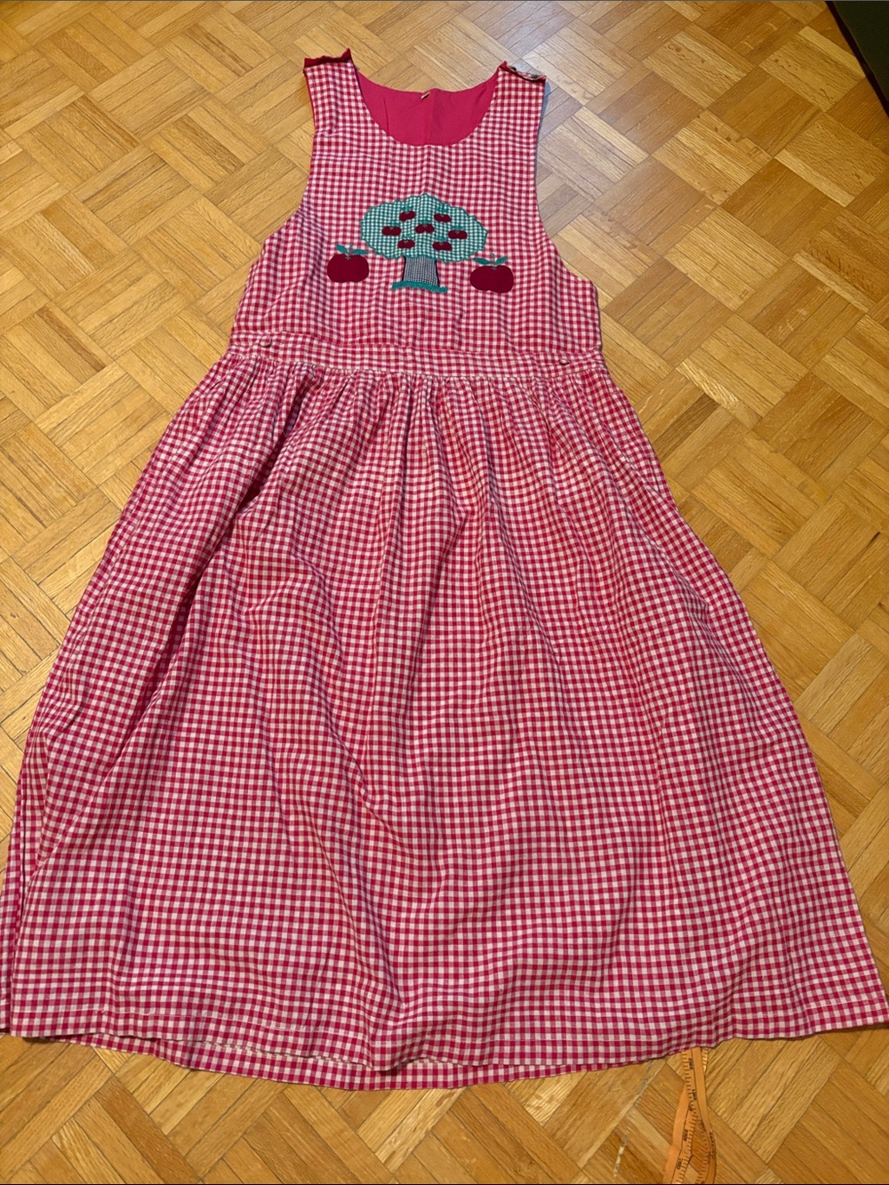 Pink Gingham Sleeveless Apron Dress with Apple Tree Appliqué